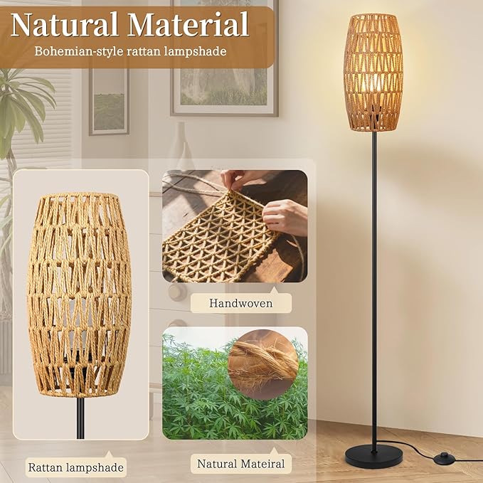 Ruiever Floor Lamp for Living Room,Farmhouse Floor lamp,Modern Standing lamp with Hand-Worked Rattan Shade (Drum Shade-with Remote)