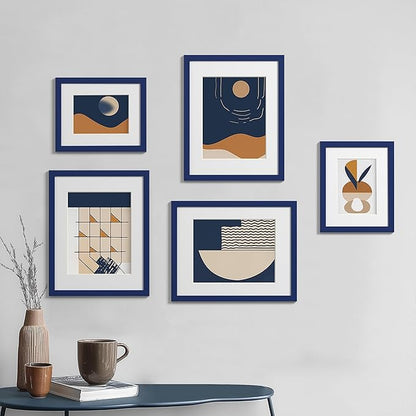 eletecpro 11x14 Picture Frames Set of 5, Gallery Wall Frame Display 8x10 Photo with Mat or 11x14 without Mat, Picture Frame Collage Wall Decor for Wall Mounting, Blue