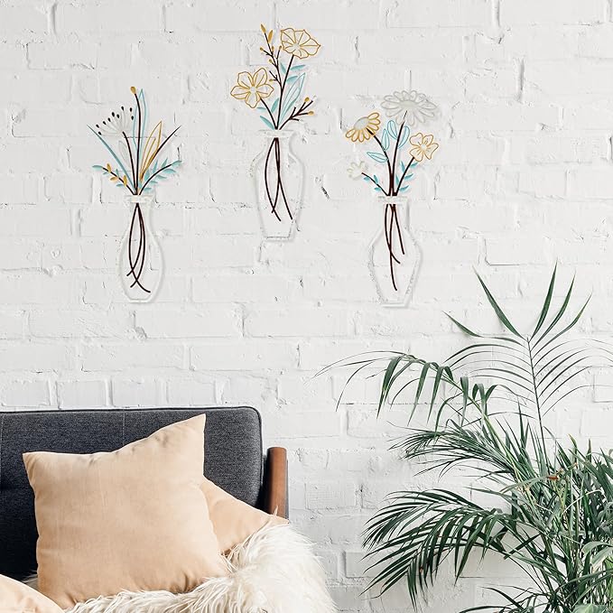 Wisecy Metal Flower Wall Art, 3 Pcs Rustic Farmhouse Wall Decor, for Living Room, Bedroom, Dining Room - Housewarming Gifts