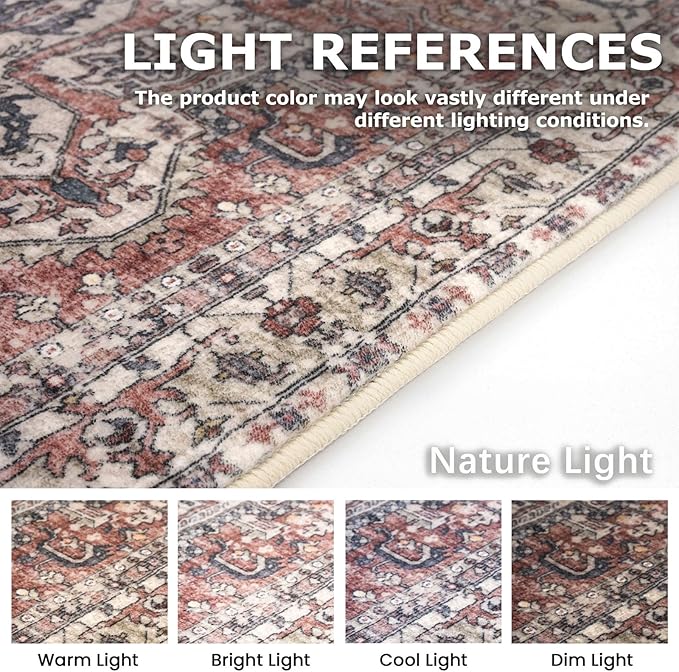 KOZYFLY Area Rug 8x10 Ft Thin Rugs for Living Room Washable Bedroom Rug Non Slip Rugs for Living Room Printed Faux Wool Vintage Bedroom Rug Floor Carpet for Dining Room, Red Salmon/Pink/Navy