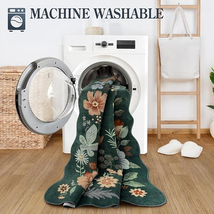 Lahome Floral Washable Runner Rug, 2'6''x8' Soft Hallway Runner Rug Non Slip, Boho Ultra-Thin Kitchen Runners for Hallways Carpet for Laundry Bedroom Bathroom Flore (Dark Green)