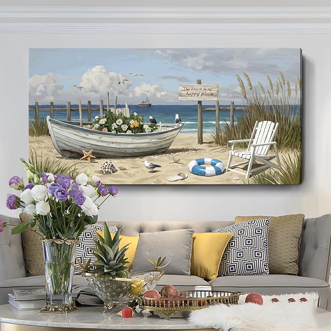Extra Large Coastal Living Room Wall Art, Featuring A Printed Seaside Landscape, Boats, Beach Chairs, Seagulls, And Natural Wall Decor. A Modern Coastal Artwork For Bedrooms, Dining Rooms, Entryways, And Lounges. 58X29 Inches.