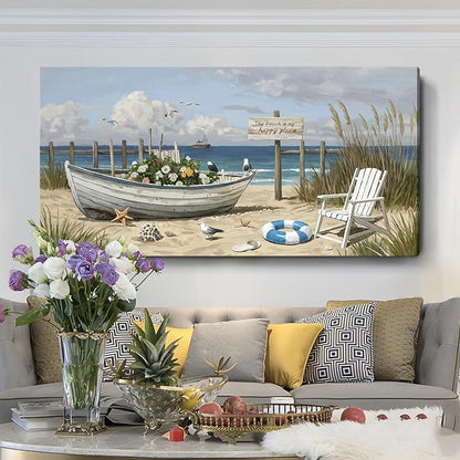 Extra Large Coastal Living Room Wall Art, Featuring A Printed Seaside Landscape, Boats, Beach Chairs, Seagulls, And Natural Wall Decor. A Modern Coastal Artwork For Bedrooms, Dining Rooms, Entryways, And Lounges. 58X29 Inches.