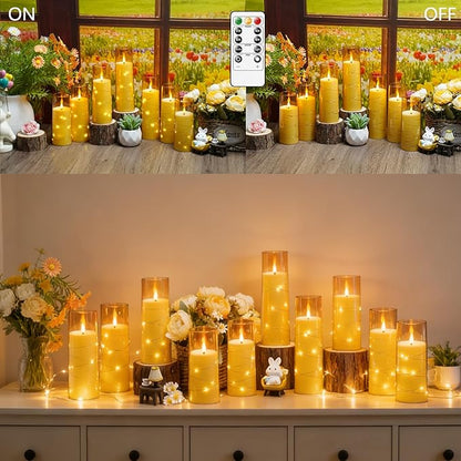 kakoya Flameless LED Candles with Timer 24 Pc Flickering Flameless Candles for Romantic Ambiance and Home Decoration Stable Acrylic Shell,with Embedded Star String，Battery Operated Candles(Gold)