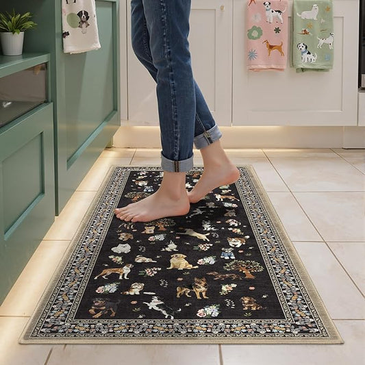 Black Floral Dog Rug Runner, 2x5 Washable Kitchen Mat Ultra-Thin Soft, Non-Slip Indoor Door Carpet Stain Resistant Boho Small Low-Pile Throw for Bathroom Bedroom