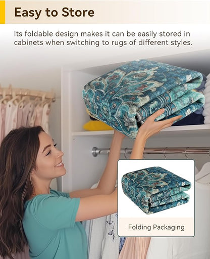 RELEANY Area Rugs Round 6ft Washable Non-Slip, Floral Vintage Distress Print Pattern Medallion Carpet for Living Room Bedroom Dining Room, Teal Green Lake Blue Turquoise
