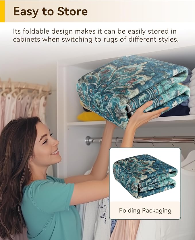RELEANY Area Rugs Round 5ft Washable Non-Slip, Floral Vintage Distress Print Pattern Medallion Carpet for Living Room Bedroom Dining Room, Teal Green Lake Blue Turquoise