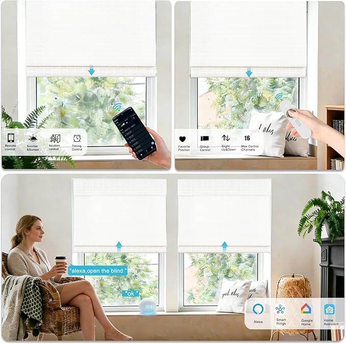 Motorized Bamboo Roman Shades, Motorized Blinds with Remote Compatible with Homekit, Alexa GoogleHome, Smart Wood Woven Shades for Indoor Windows, Customize, White Current