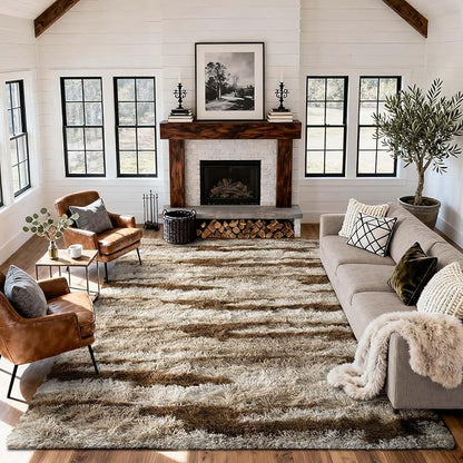 7x10 Ft Extra Large Shag Rugs for Living Room, Tie Dyed Ultra Soft Fluffy Furry Area Rugs for Bedroom Indoor Floor, Aesthetic Carpet for Kids Home Decor (Khaki)