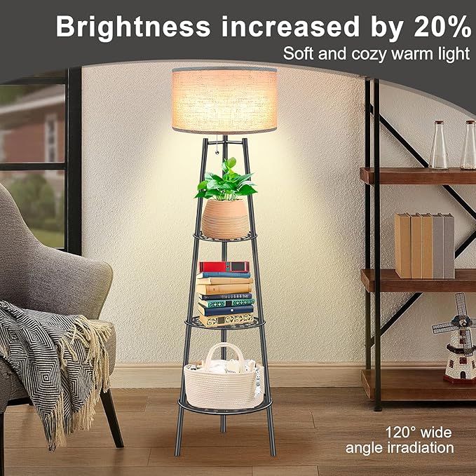 ZQQLITE 2 PCS Black Floor Lamp with Shelves for Living Room， Standing Lamp，Tall Lamp， Amparas Elegantes para Sala with Linen Shade，Modern Floor Lamp for Living Room，Bedroom or Office（Black ）
