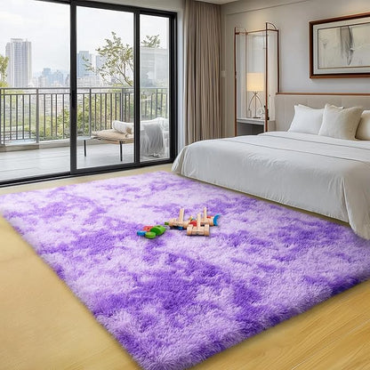 qulint Purple Rugs for Bedroom, Soft Fluffy 3x5 Nursery Rug Shag Fuzzy Small Carpet for Living Room, Plush Shaggy Alfombra for Boys and Girls Dorm Kid Room Home Decor (3ft x 5ft, Tie-Dyed Purple)