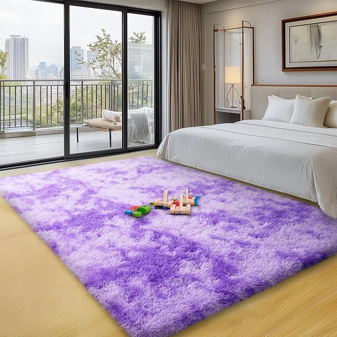qulint 4x6 Area Rugs for Bedroom, Fluffy Soft Purple Rug for Kids Room Fuzzy Shag Small Carpet for Living Room, Plush Shaggy Alfombra for Boys and Girls Dorm Home Decor (4ft x 6ft, Tie-Dyed Purple)