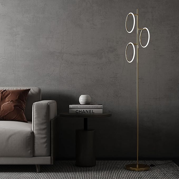 Ozarke Neo Modern Floor Lamp - Mid Century Minimalist Decor Stand Light for Living Room, Bedroom & Home Office, Dimmable Contemporary Tall Lighting with 3 LED Lights - Warm 27000K (Gold)