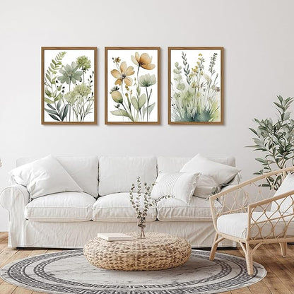 Sage Green Botanical Wall Art Boho Floral Wall Decor Minimalist Plant Canvas Pictures Flower Botanical Prints Watercolor Wildflower Poster Painting for Bathroom Bedroom 24x36x3 Inch Wood Frame
