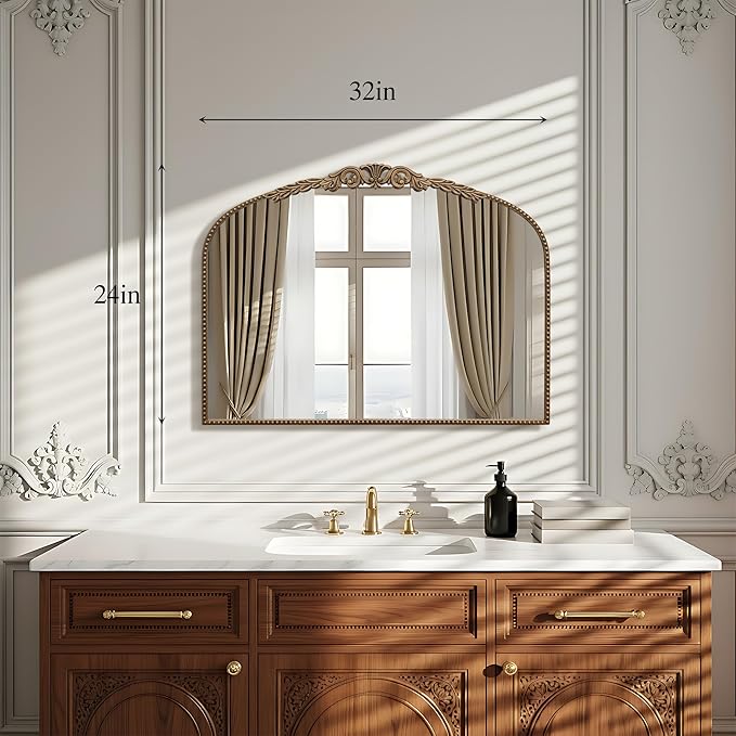 Besdomus Gold Vintage Vanity Mirror: 24"x 32" French Baroque Arched Mirror - Traditional Ornate Antique for Dresser/Mantel/Bedroom/Entryway/Bathroom/Hallway - Home Decor for Living Room