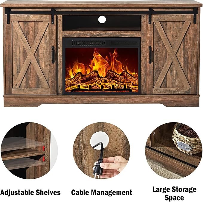 AMERLIFE 59" Fireplace TV Stand for TVs up to 65", Farmhouse Entertainment Center with Sliding Barn Doors, Storage Cabinets and Adjustable Shelves, Barnwood