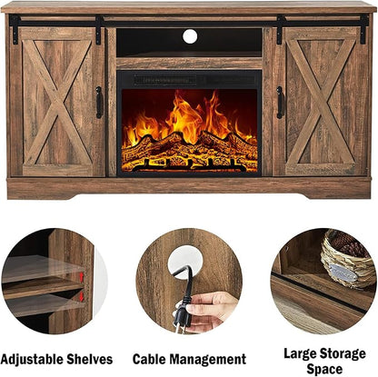 AMERLIFE 59" Fireplace TV Stand for TVs up to 65", Farmhouse Entertainment Center with Sliding Barn Doors, Storage Cabinets and Adjustable Shelves, Barnwood