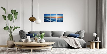 TutuBeer 3 Panels Beach Pictures Wall Art Beach Canvas Wall Art Blue Ocean at Sunrise Picture Print on Canvas Sea Artwork for Walls Seascape Pictures for Home Decor Ready to Hang 12x16inchx3