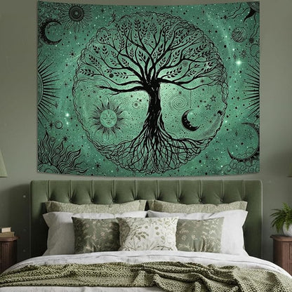 Leeisysme Tree of Life Sun Moon Tapestry, Aesthetic Line Art Wall Hanging for Living Room Bedroom Home Decor, Green 60x80 inches
