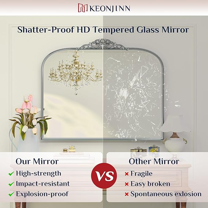 Keonjinn Vintage Mirror 30" x 36", Silver Antique Mirrors for Wall Decor, Arched Decorative Mirror for Mantle, Hallway, Living Room, Fireplace, Bedroom, Bathroom Mirror with French Cleat Mounting