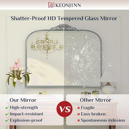 Keonjinn Vintage Mirror 30" x 36", Silver Antique Mirrors for Wall Decor, Arched Decorative Mirror for Mantle, Hallway, Living Room, Fireplace, Bedroom, Bathroom Mirror with French Cleat Mounting