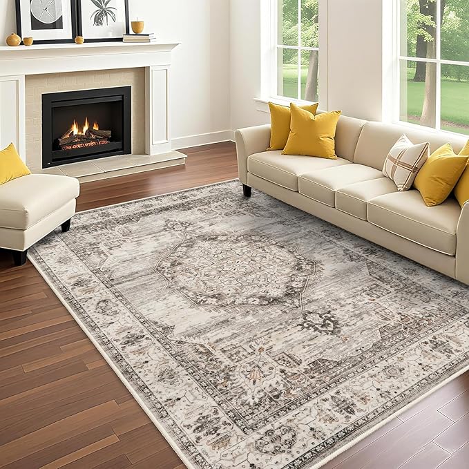 Washable Rugs 6x9 Area Rug：Large Rugs for Living Room - Oriential Distressed Printed Floral Carpet - Non Slip with Rubber Backing Area Rug 6'x 9' Beige
