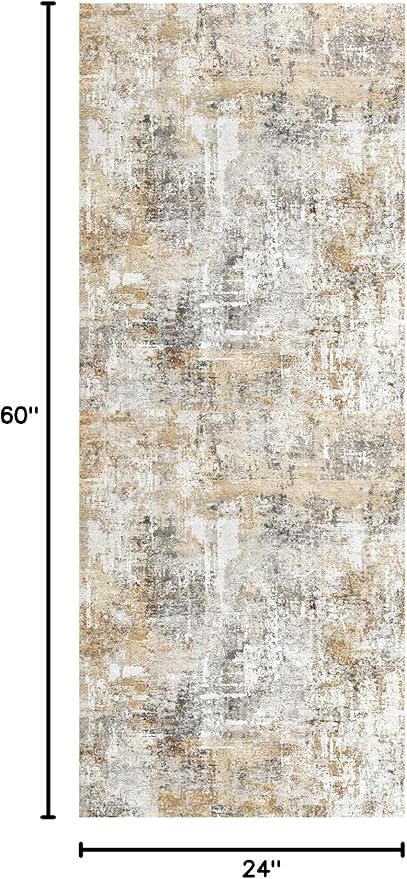 2x5 Non-Slip Washable Runner Rug – Modern Neutral Abstract Small Rug for Hallway, Kitchen, Bathroom, Bedroom, Entryway, Laundry Room – Thin Soft Low-Pile Rubber Backing (Gold Grey)