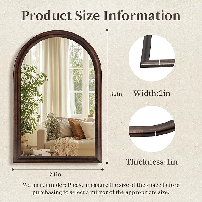 Tanmicoshomy Dark Brown Framed Arched Bathroom Mirror 24x36 Inch,Wall Mirror with Tempered Glass for Living Room, Bedroom or Entryway
