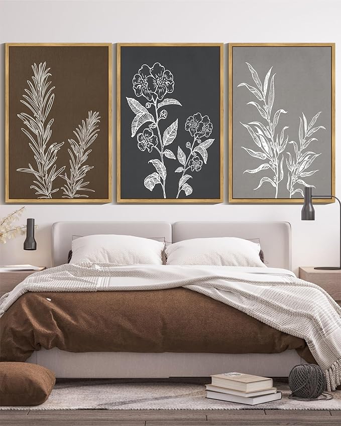 Drsoum Botanical Boho Vintage Flower Wall Art Framed Retro Floral Prints Wildflower Neutral Rustic Bohemain Artwork Kitchen Living Room Ready to Hang 24x36in Natural Framed
