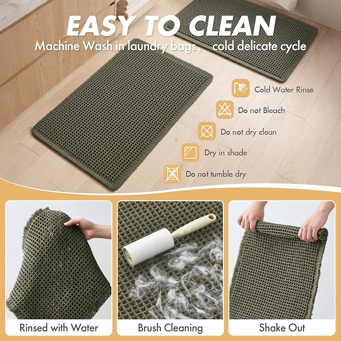 MIULEE Set of 2 Waffle Bathroom Rugs, Super Absorbent Non Slip Bath Rugs, Washable Bath Mats with Tassels, Ultra Soft Rubber Backed Shower Mats for Bathroom Floor, Tub, Green, 17x24 Inch