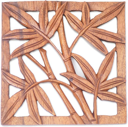 NOVICA Leaf and Tree Wood Relief Panel Wall Sculpture, Brown, Bamboo Copse'