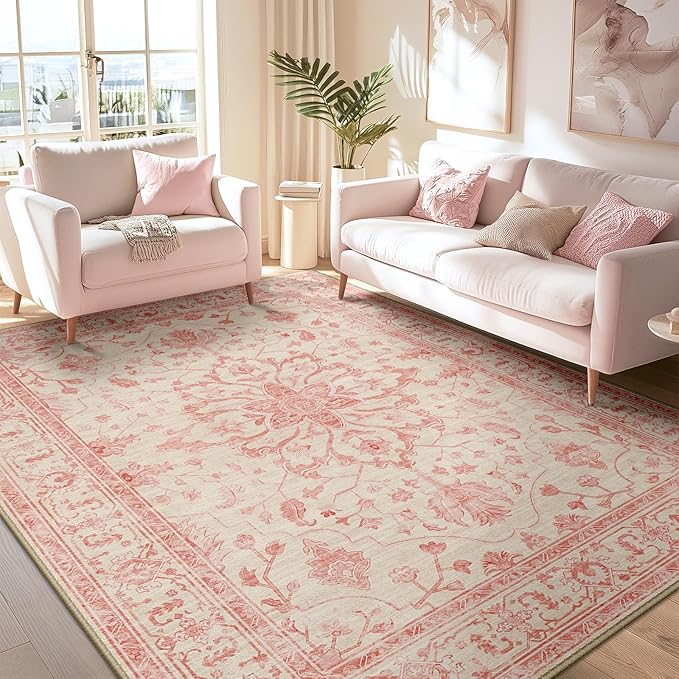RELEANY Area Rugs 5'x7' Washable Non-Slip, Floral Vintage Distress Print Pattern Medallion Carpet for Living Room Bedroom Dining Room, Pink Light Vintage Pink