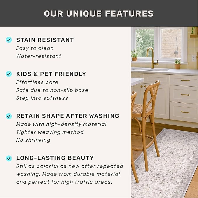 Hazo Haus Light Gray Kitchen Rug 10 ft Long - Modern Neutral Boho Unique Floral with Brown Accent, Washable Low Pile Non-Slip Extra Long Wide Runner Rugs for Hallway, 3x10