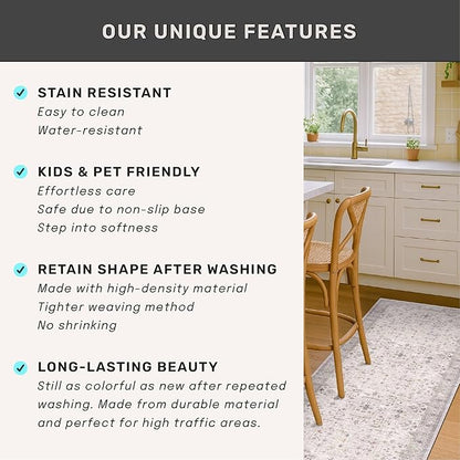 Hazo Haus Light Gray Kitchen Rug 10 ft Long - Modern Neutral Boho Unique Floral with Brown Accent, Washable Low Pile Non-Slip Extra Long Wide Runner Rugs for Hallway, 3x10