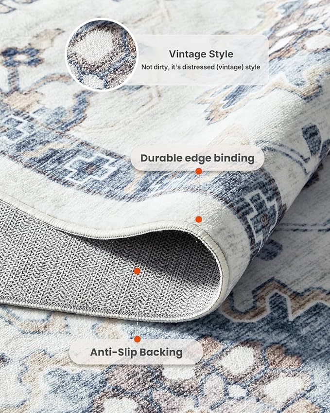AMADA HOMEFURNISHING 6x9 Area Rugs, Blue Low-Profile Washable Rug with Non-Slip Backing & Durable Edge Binding, Vintage Rugs for Living Room, Bedroom, Dining Room