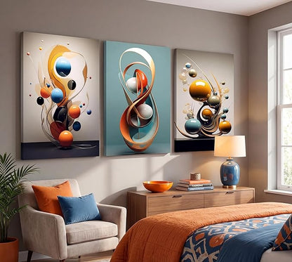 3pcs Modern Abstract Canvas Wall art Three-Dimensional Geometric Spheres Wall Decor Pictures Minimalist Medieval Posters Prints for Living Room Bedroom Office Home decorate Prepare to hang