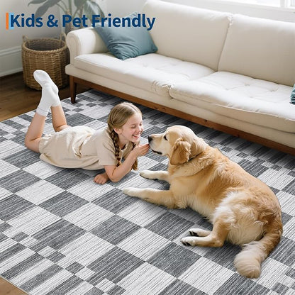 GarveeHome 2.5×10 Kitchen Runner Rug Non Slip,Grey Checkered Rug,Washable Runner Rug for Hallway Soft Low-Pile Geometric Checkerboard Rugs for Entryway Kitchen Dining Room