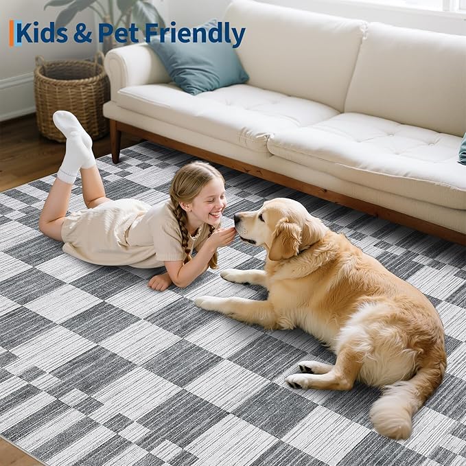GarveeHome 2.5×8 Kitchen Runner Rug Non Slip,Grey Checkered Rug, Washable Runner Rug for Hallway Soft Low-Pile Geometric Modern Rugs for Entryway