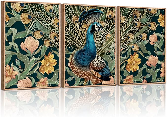 HLNIUC Elegant Peacock Wall Art Canvas,Boho Flower Wall Art,Blue Peacocks Artwork,Animal Feather Artwork,Vintage Animal Framed Decor,William Morris Prints for Living Room Bedroom Office-16x24x3