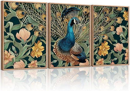 HLNIUC Elegant Peacock Wall Art Canvas,Boho Flower Wall Art,Blue Peacocks Artwork,Animal Feather Artwork,Vintage Animal Framed Decor,William Morris Prints for Living Room Bedroom Office-16x24x3