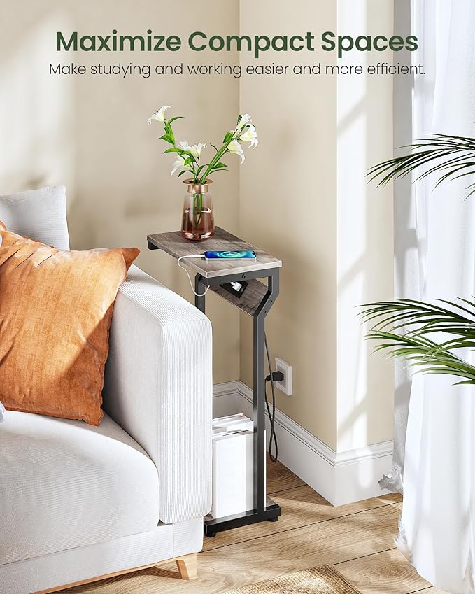 CHOEZON Narrow Side Table with Charging Station, 27" Skinny End Table for Small Spaces, Couch Table with Storage, Slim Tray Table with USB Ports, for Living Room, Bedroom, Greige and Black TBZ27UBG