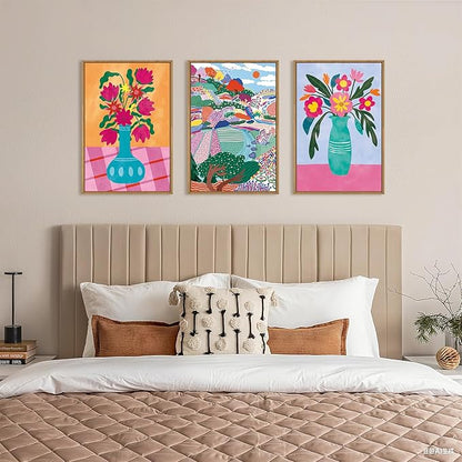 HOURIA Spring Colorful Flower Field Landscape Framed Canvas Wall Art Set,Abstract Pink Floral Vase Wall Decor,Natural Botanical Tree Artwork,Modern Sunrise Art Prints for Living Room,Farmhouse-16"x24"x3