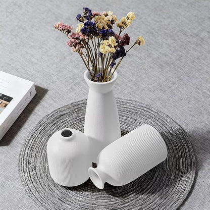 White Ceramic Flower Vases Set of 3, Valentine's Day Gift Vases with Vertical Stripe Texture, Modern Decorative Vases for Dried Flowers, Home Decor Vase for Living Room Bedroom Kitchen Shelf