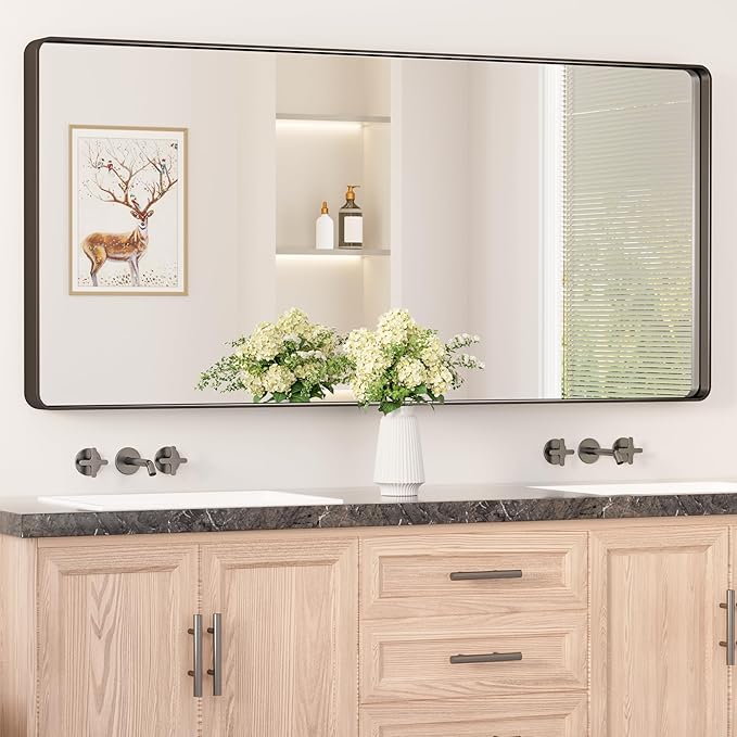 Keonjinn Black Bathroom Mirror for Over Sink, 60" x 28" Large Rounded Rectangle Vanity Mirror, Sandblasted Finish Matte Black Wall Mirrors, Tempered Glass, Anti-Rust Seamless Metal Frame for Restroom