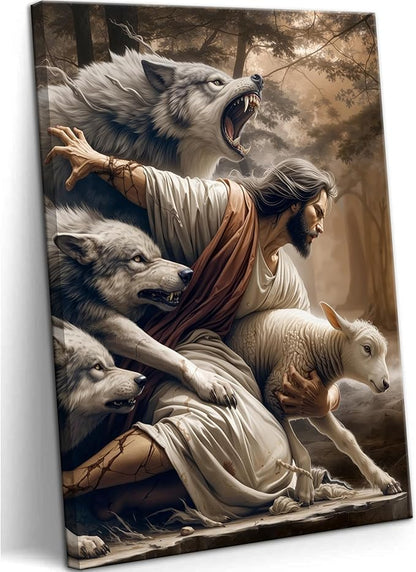 Jesus and Lamb Canvas Wall Art Jesus Saves the Lost Sheep Christian Wall Decor Painting Shepherd Protect a Lamb from Wolves Picture Poster Print Artwork for Living Room Bedroom Church Decor 12x16in
