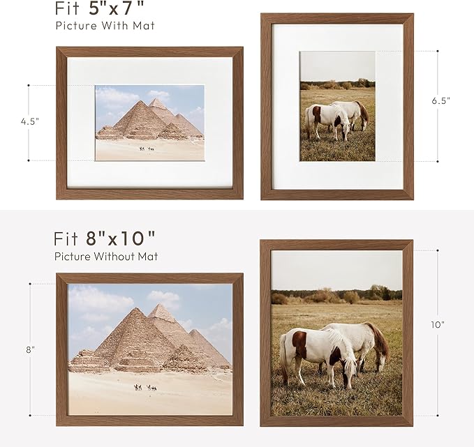 8x10 Picture Frame, Solid Oak Wood 8 x 10 Photo Frame with Mat to 5x7(Openning Size is 4.5x6.5), 10x8 Picture Frames for Wall and Tabletop Display, Natural Oak 8x10 Frame, (Walnut Set of 3)