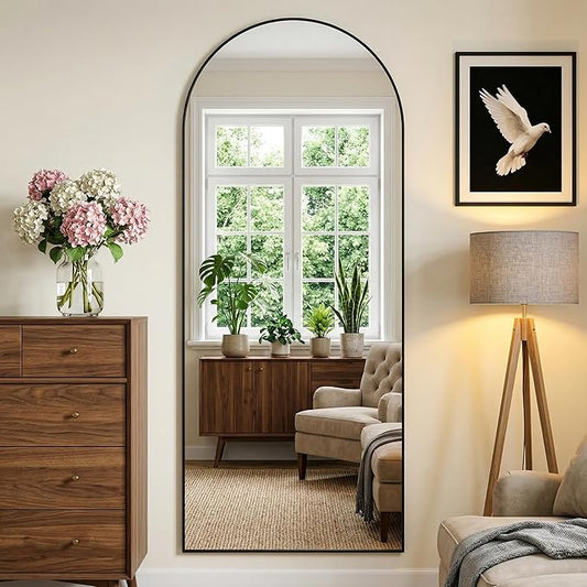 Arched Full Length Mirror 69 x 28 Inch, Full Body Mirror with Stand, Standing Hanging or Leaning Against Wall, Metal Frame Floor Mirror for Bedroom, Living Room, Cloakroom,Black