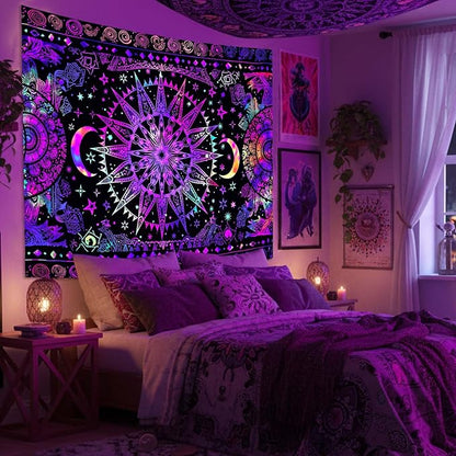 Leeisysme Hippie Sun and Moon Tapestry, Blacklight UV Reactive Neon Tie Dye Celestial Wall Hanging for Living Room Bedroom Home Decor, Purple 44x60 inches