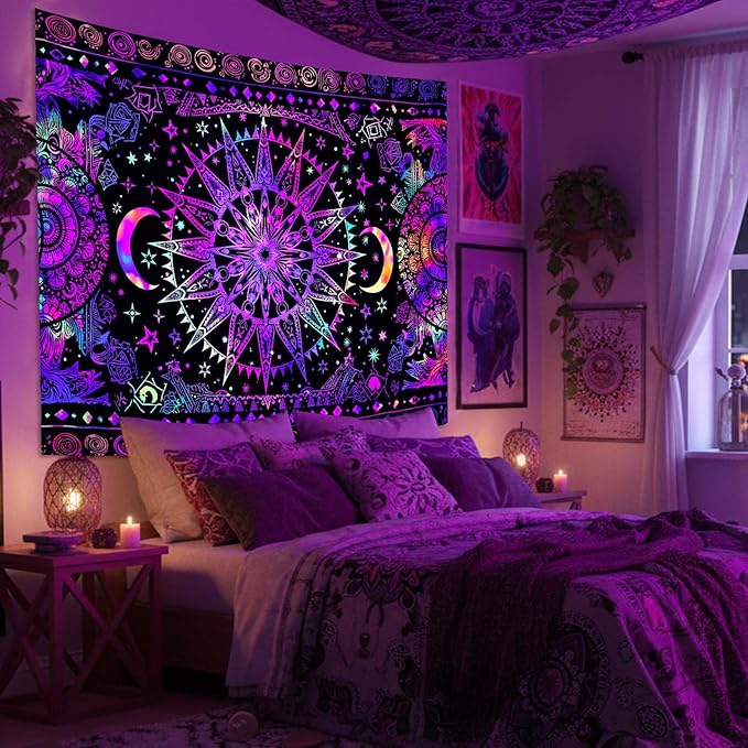 Leeisysme Hippie Sun and Moon Tapestry, Blacklight UV Reactive Neon Tie Dye Celestial Wall Hanging for Living Room Bedroom Home Decor, Purple 60x80 inches