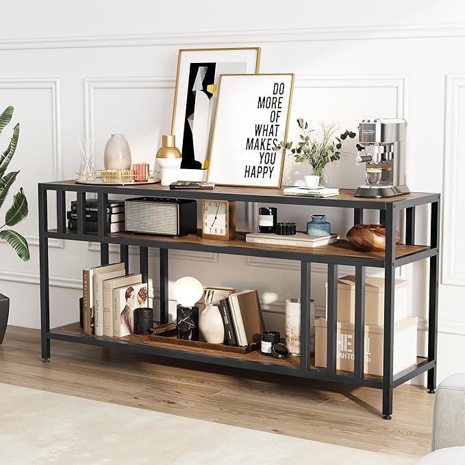 65'' TV Stand for Television up to 75 Inches, Entertainment Center with 3-Tier Open Storage Shelves, TV Media Console Table with Quadruple-Tube Support for Living Room, Rustic Brown